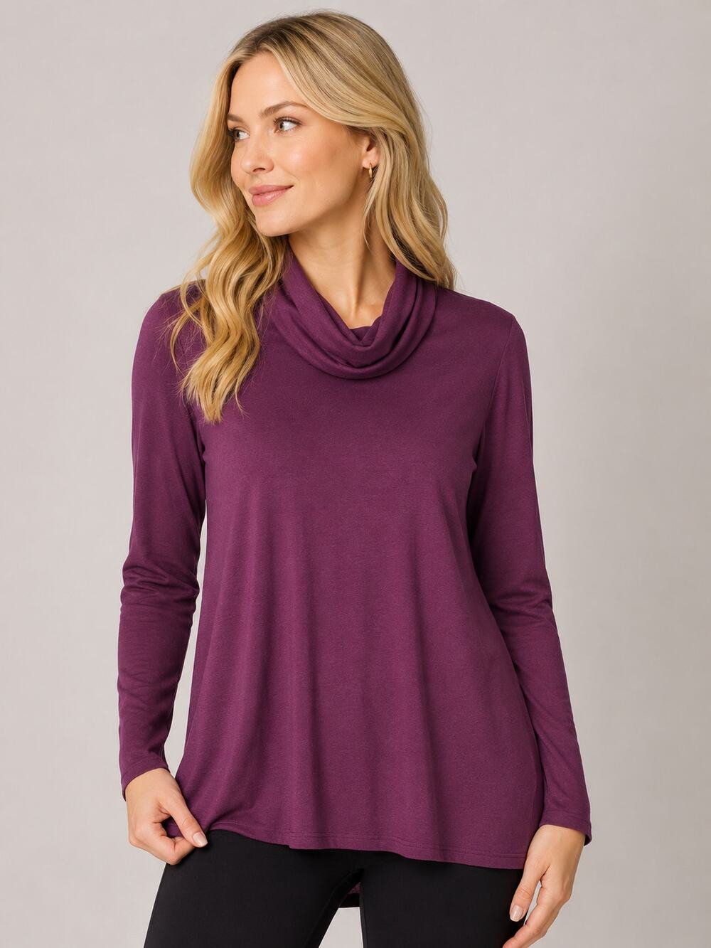 LR3920 L.L.Bean Pima Cotton Blend Cowl Neck Top XL Purple Long Sleeve